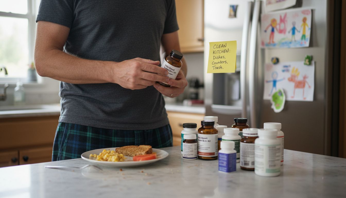 Man choosing supplement during kitchen routine