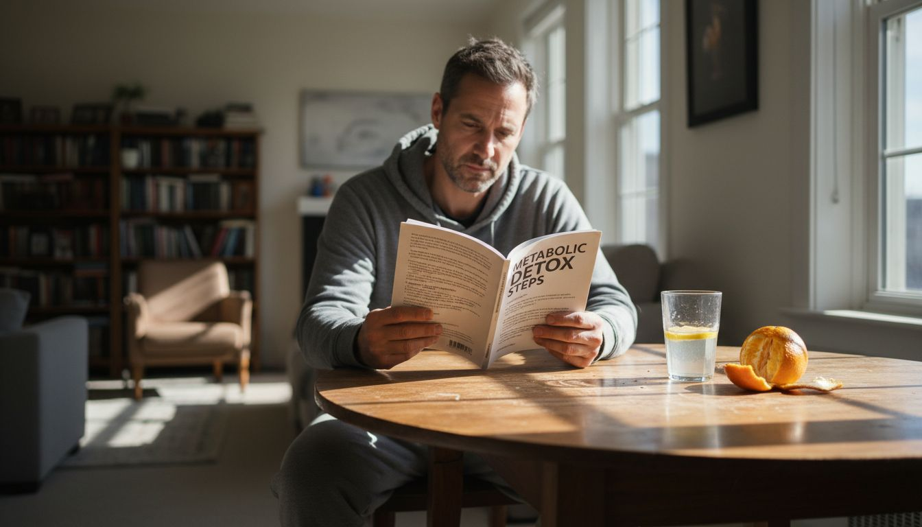 Man reading metabolic detox booklet at home