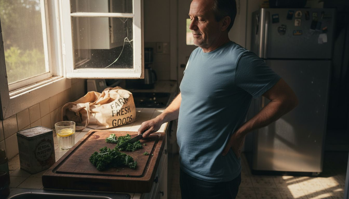Man preparing detox-friendly meal in kitchen