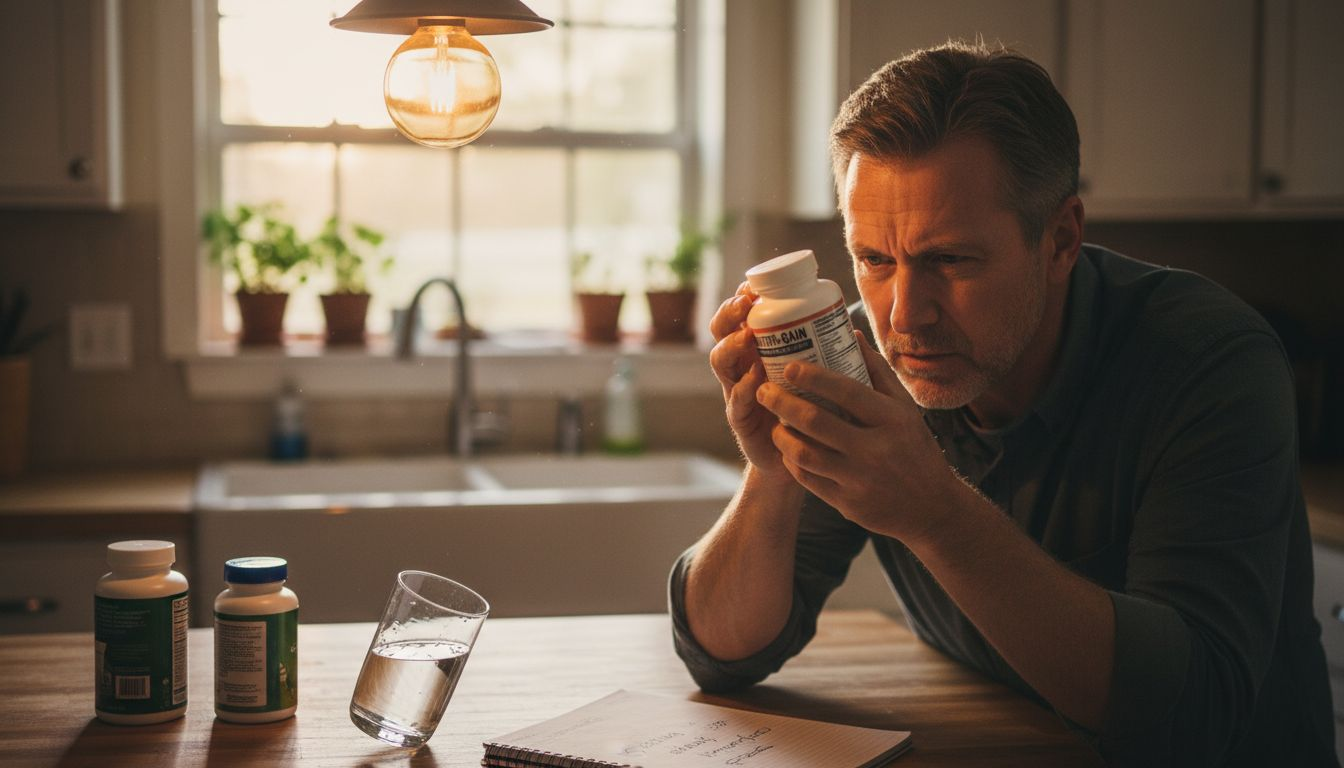 Man reading detox supplement label in kitchen