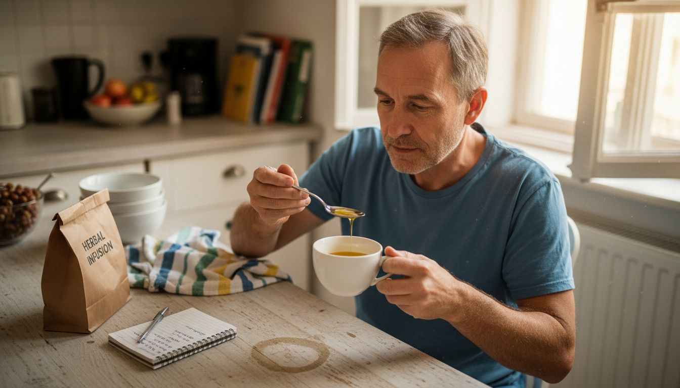 Man preparing for oil pulling at kitchen counter