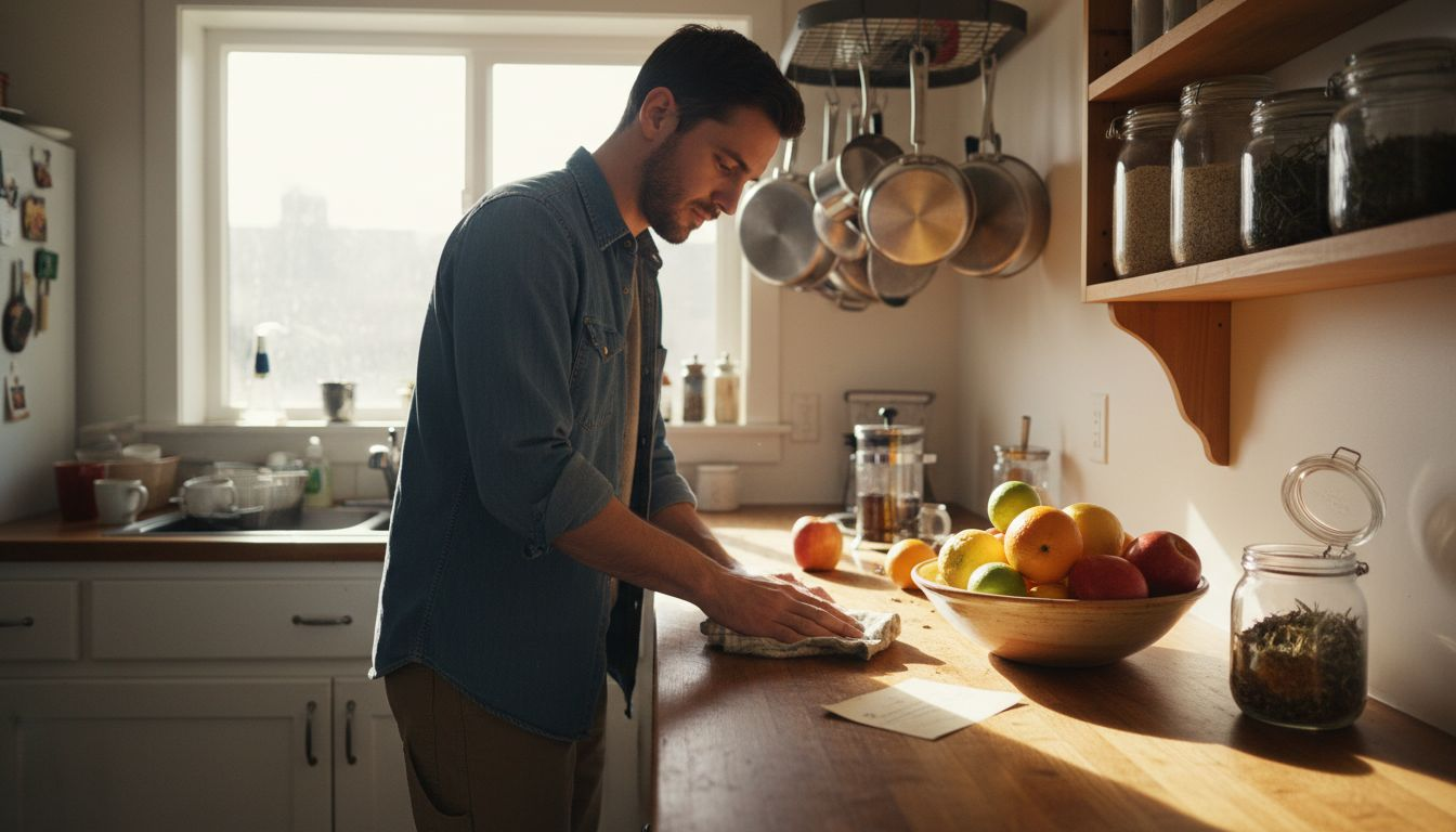 Man tidying detox kitchen essentials