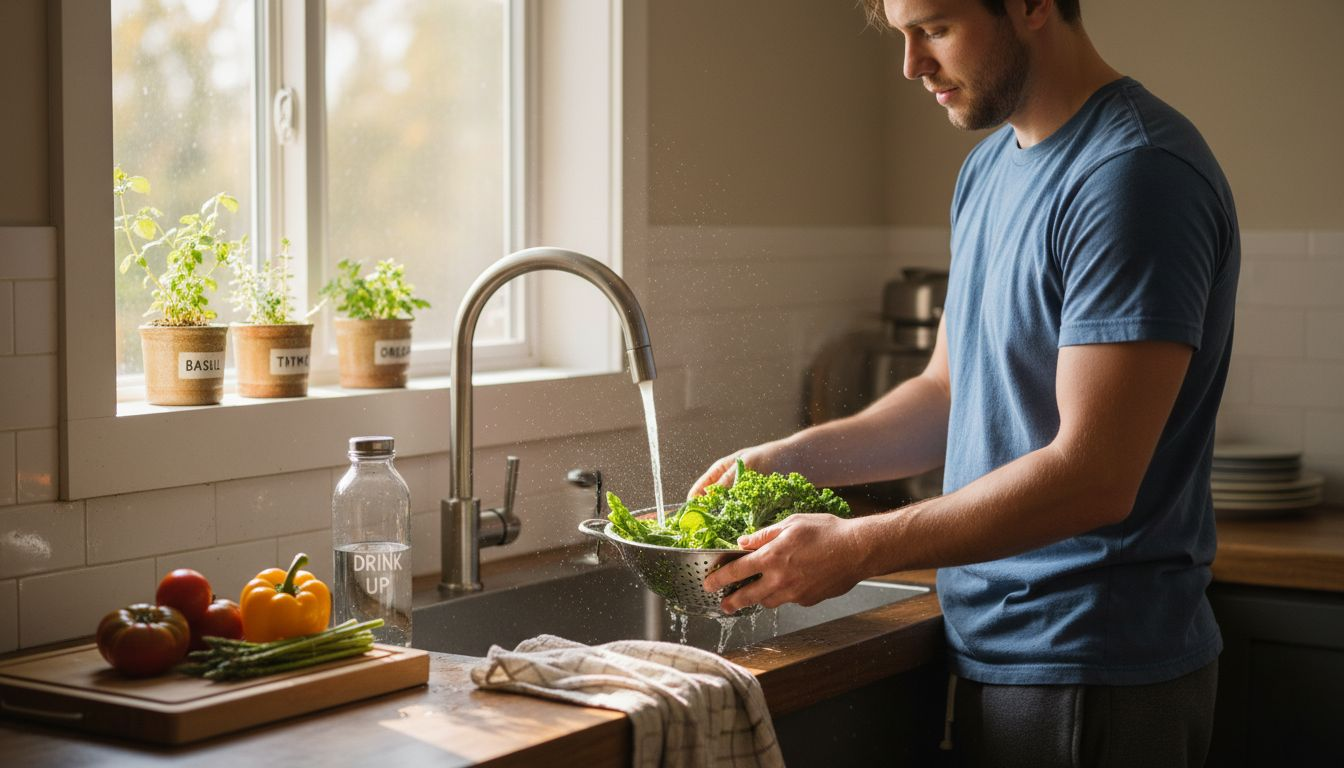 Person rinsing vegetables for healthy detox routine