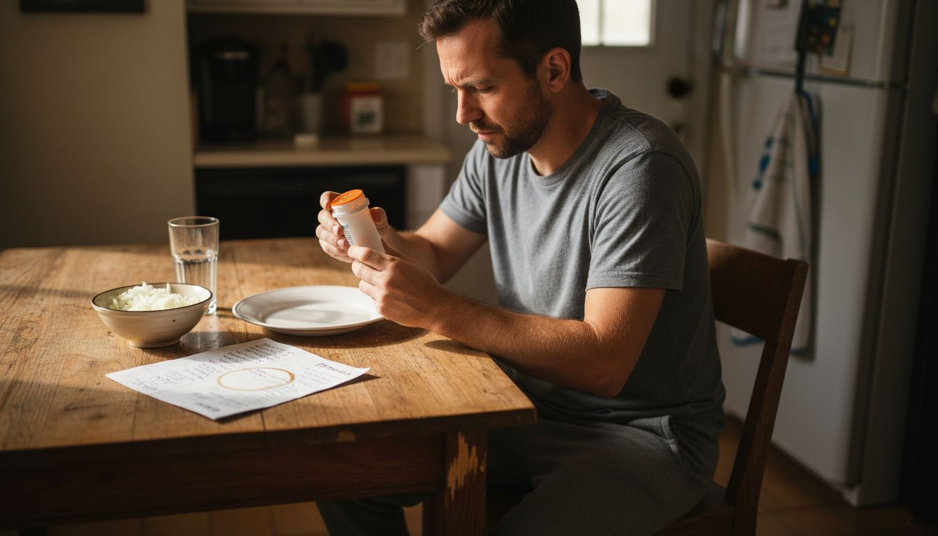 Man reading prescription bottle at kitchen table
