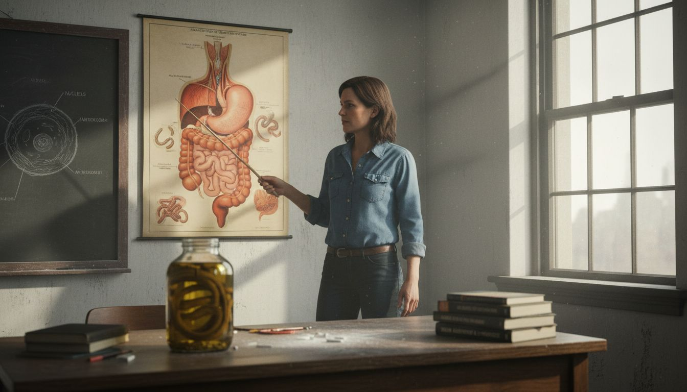 Teacher pointing at parasitic worms diagram