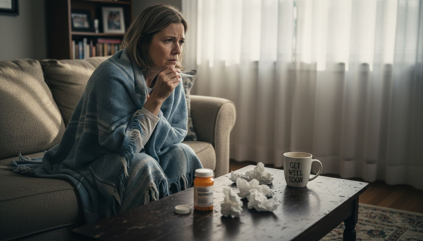 Middle-aged woman checks temperature feeling unwell