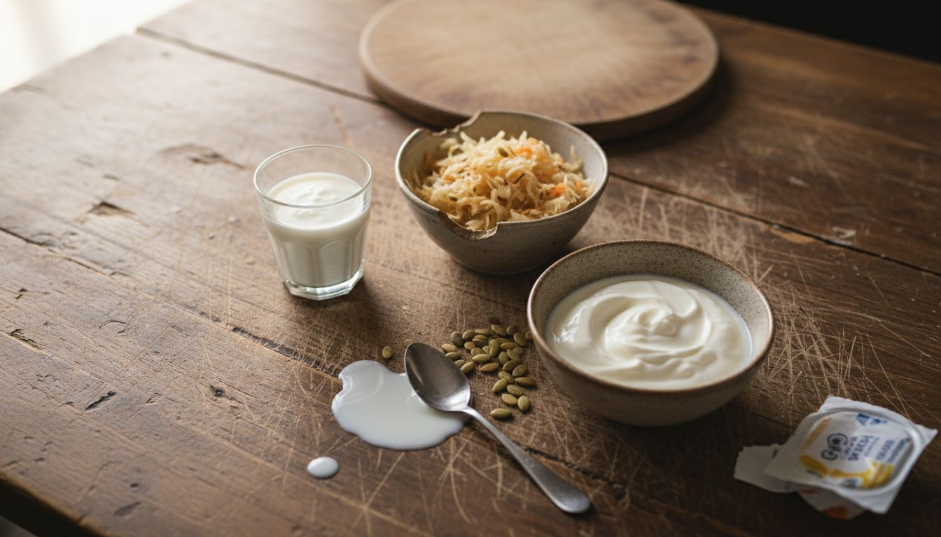 Probiotic foods on rustic kitchen table