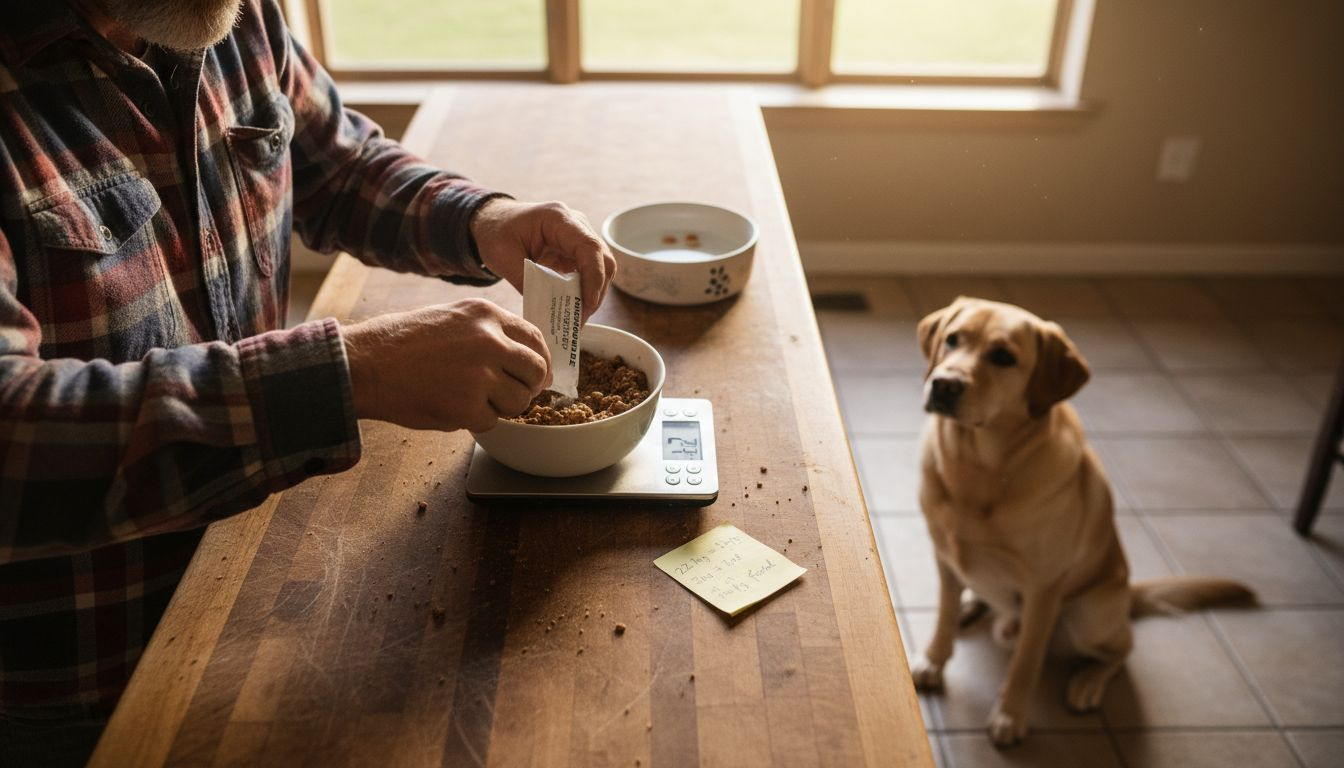 Owner preparing fenbendazole for dog at kitchen counter