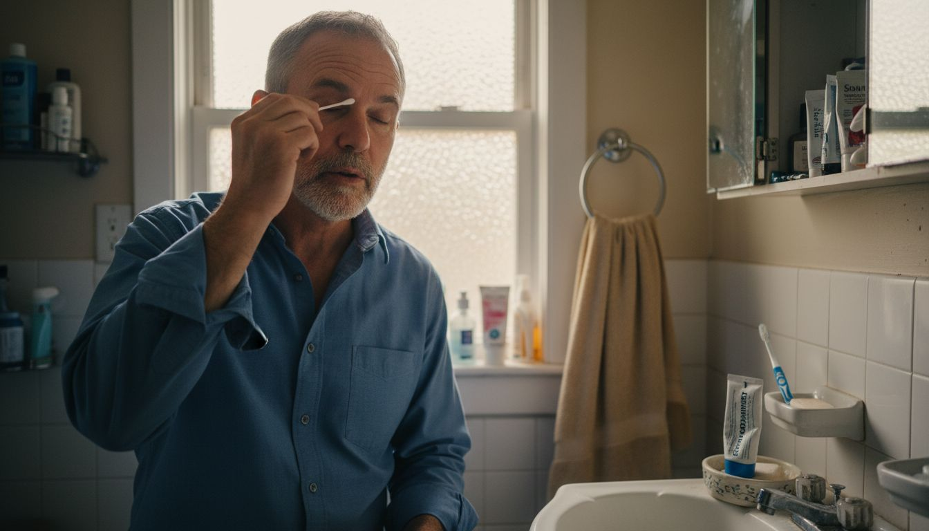 Man cleaning eyelid with cotton swab
