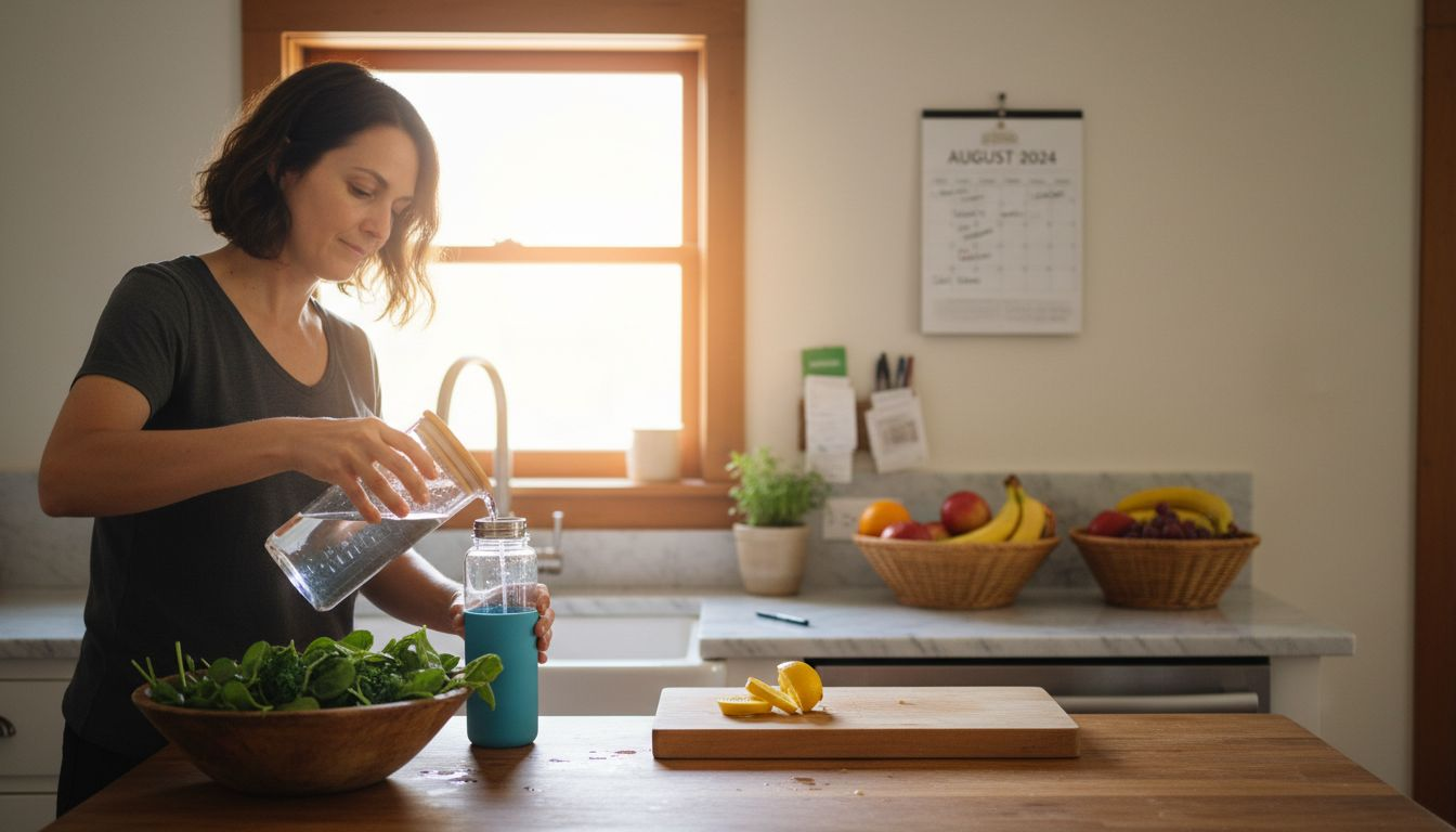 Woman preparing water and healthy meal in kitchen