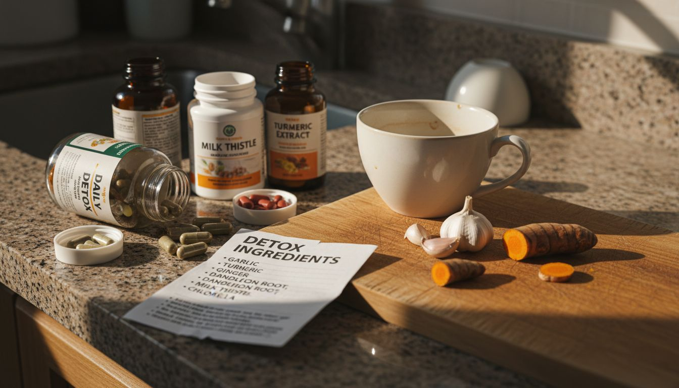 Detox supplements and herbs on counter