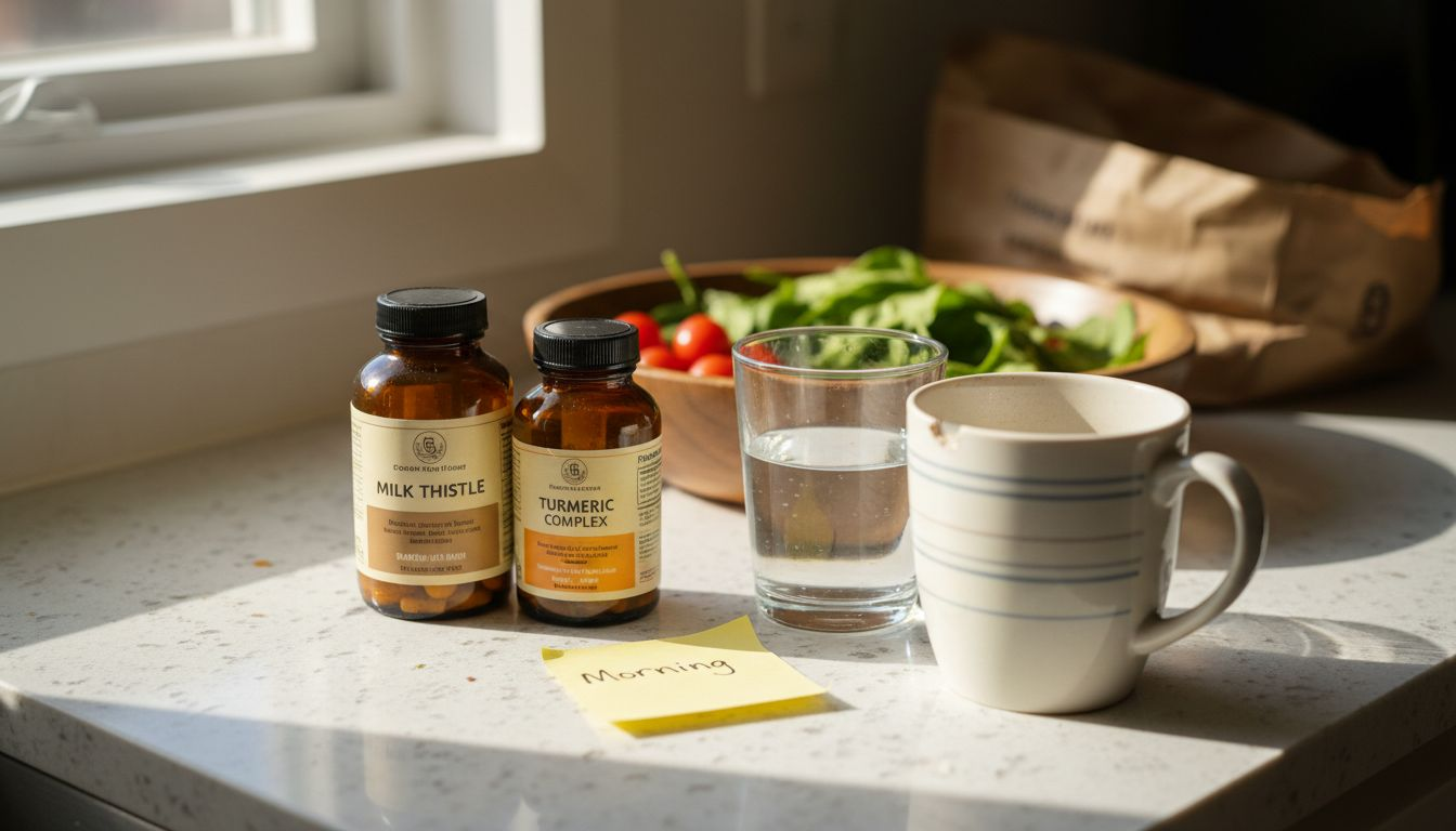 Closeup of liver support supplement bottles