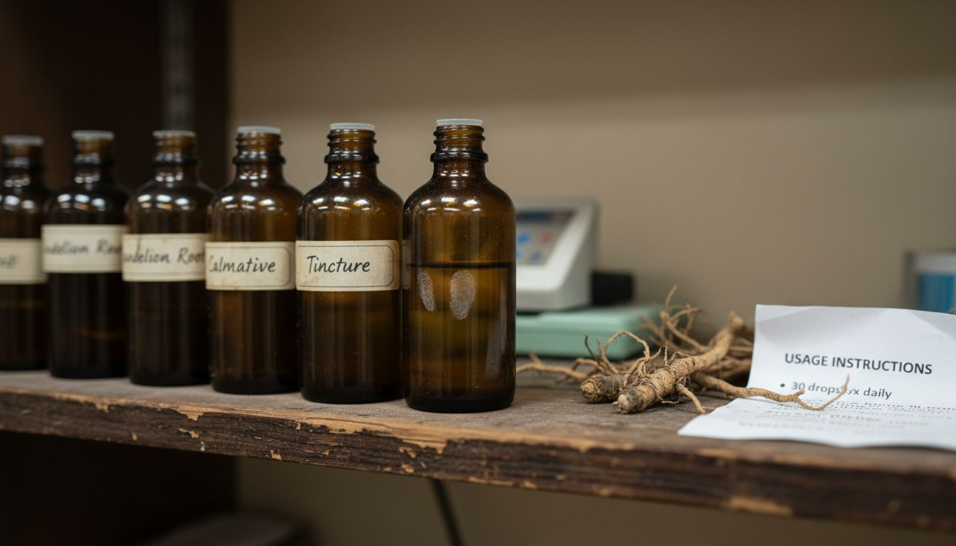 Closeup of worn herbal tincture bottles