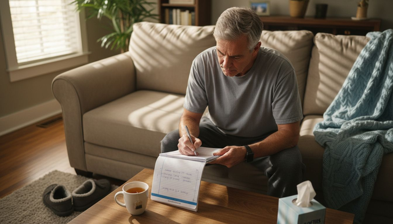 Man writing DIM detox symptoms in journal