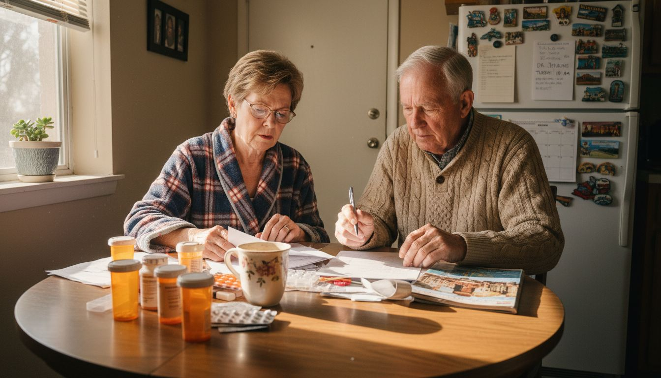 Elderly couple reviewing medications at table