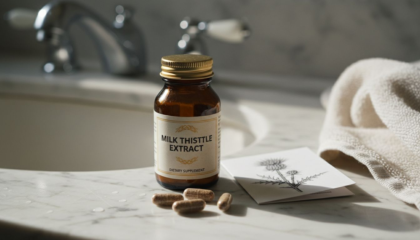 Milk thistle supplement bottle on countertop