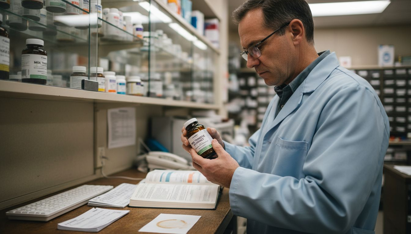 Pharmacist inspecting milk thistle supplement bottle