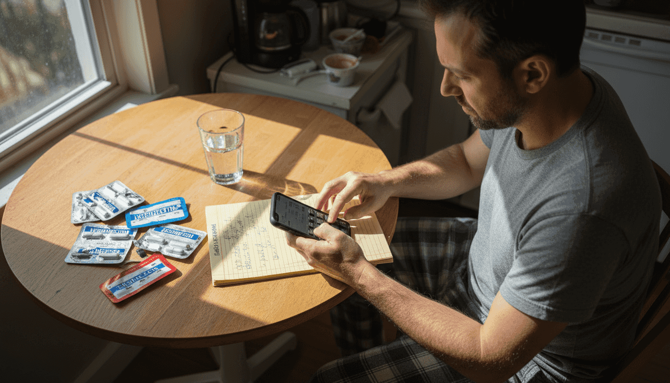 Man checking supplement doses at kitchen table
