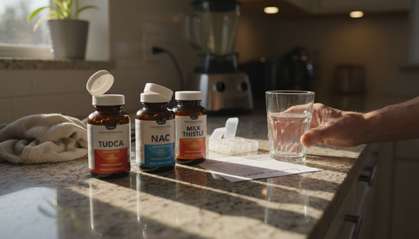 Supplements for liver estrogen detox on kitchen counter