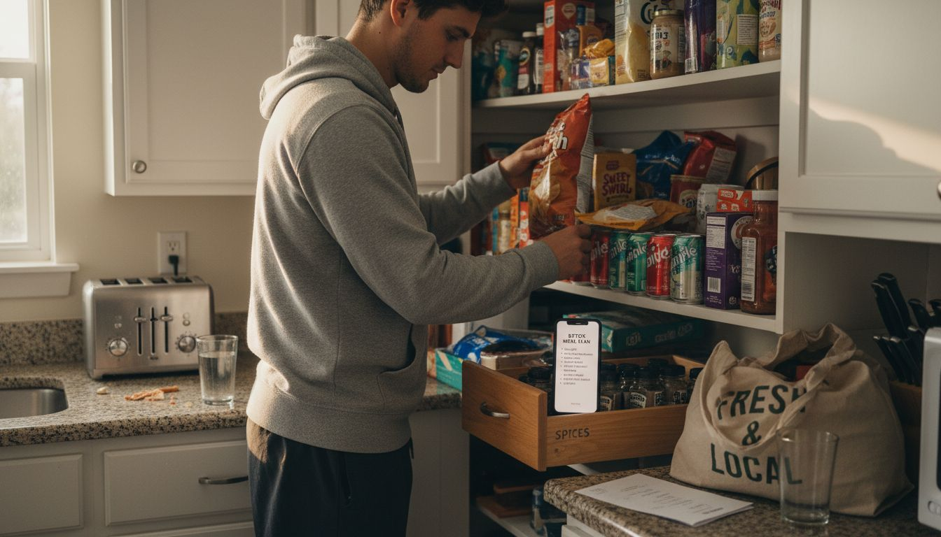 Man removing processed snacks from pantry