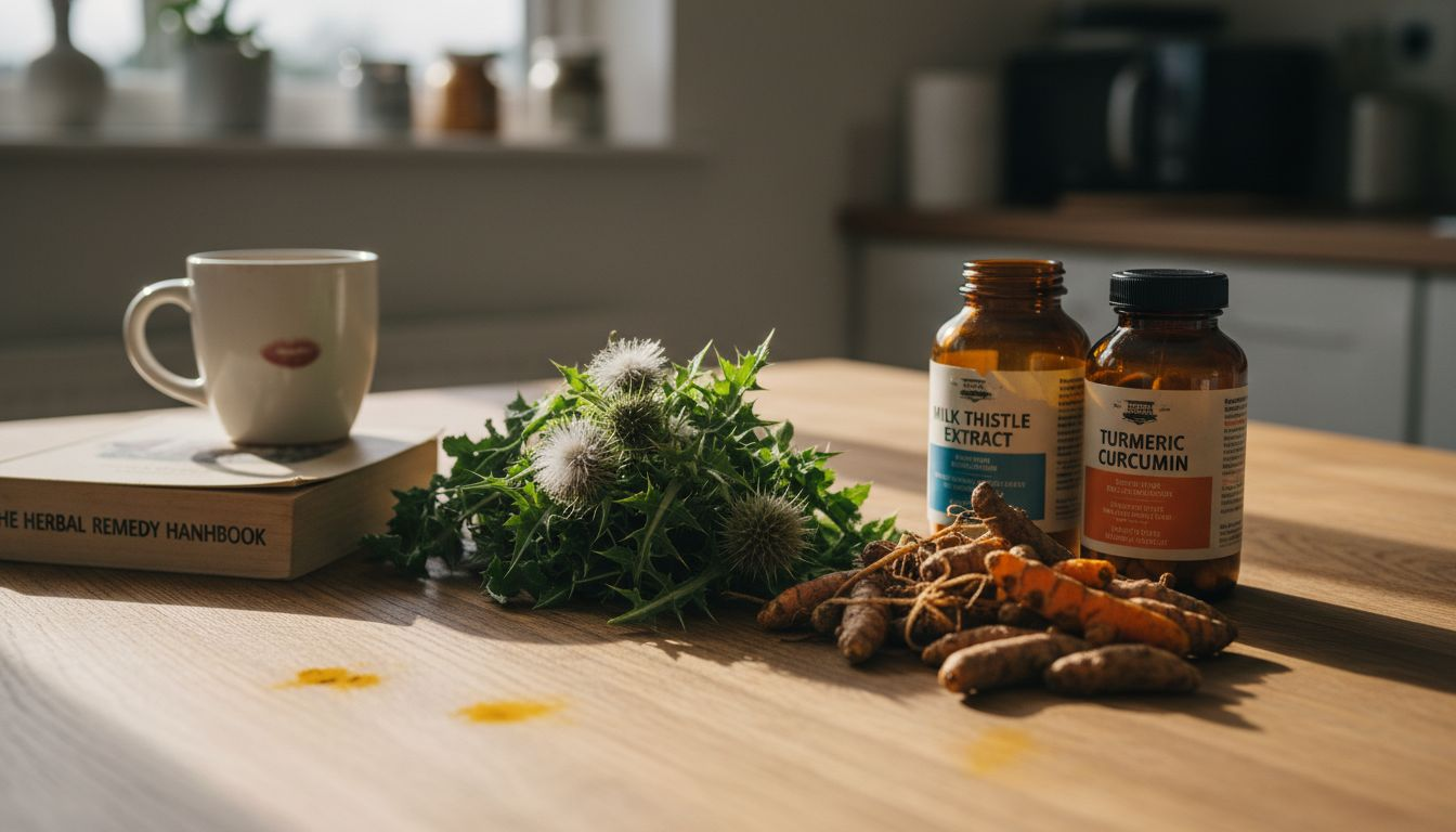 Liver support herbs and supplements on kitchen table