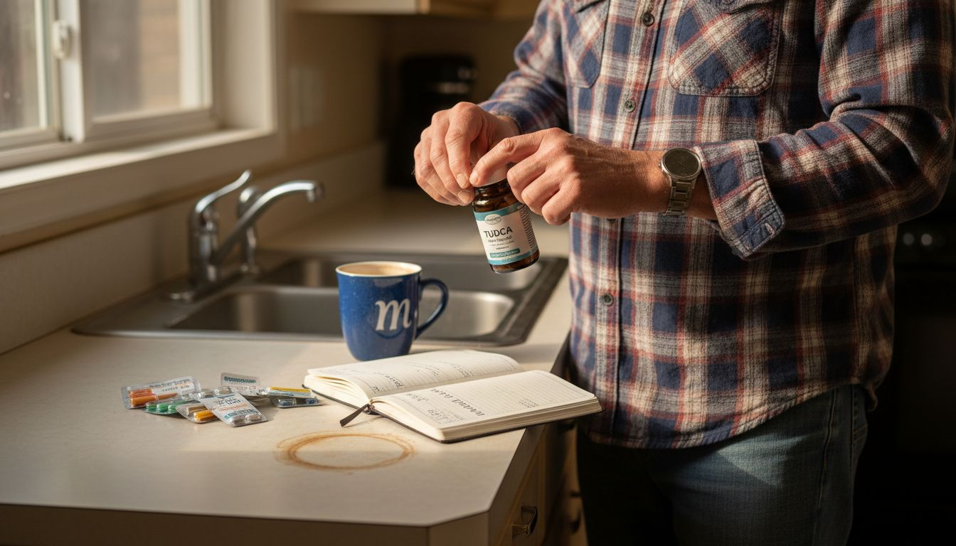 Man handling TUDCA liver support supplement