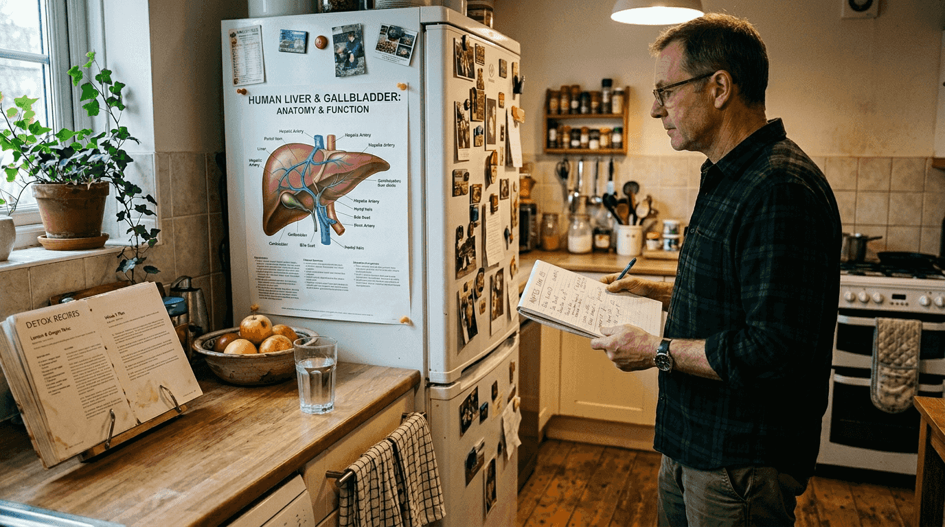Man reads liver detox poster in kitchen