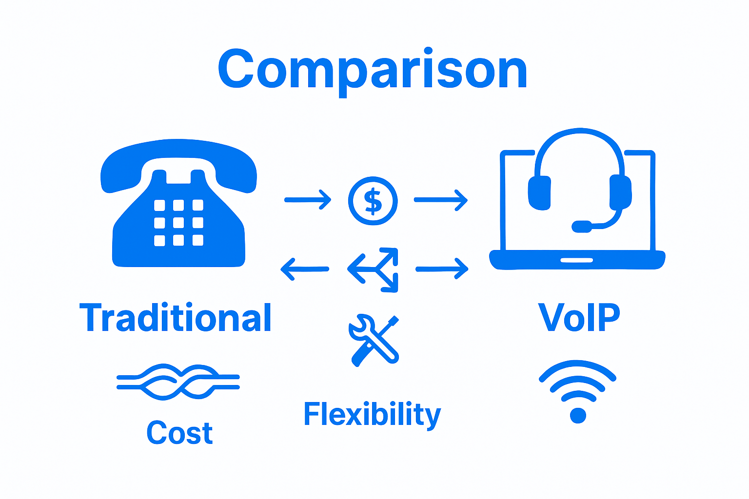Traditional desk phone vs VoIP laptop side-by-side infographic