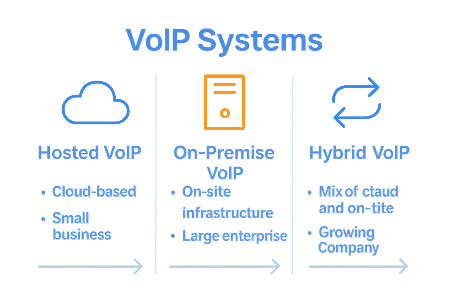 Infographic comparing three types of remote business phone systems: hosted, on-premise, and hybrid VoIP.