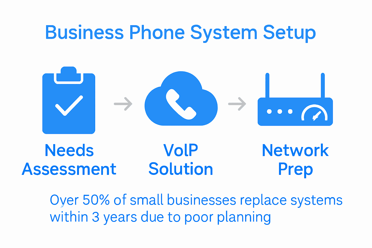 Infographic showing three steps for setting up a business phone system: assess needs, select solution, prepare network.