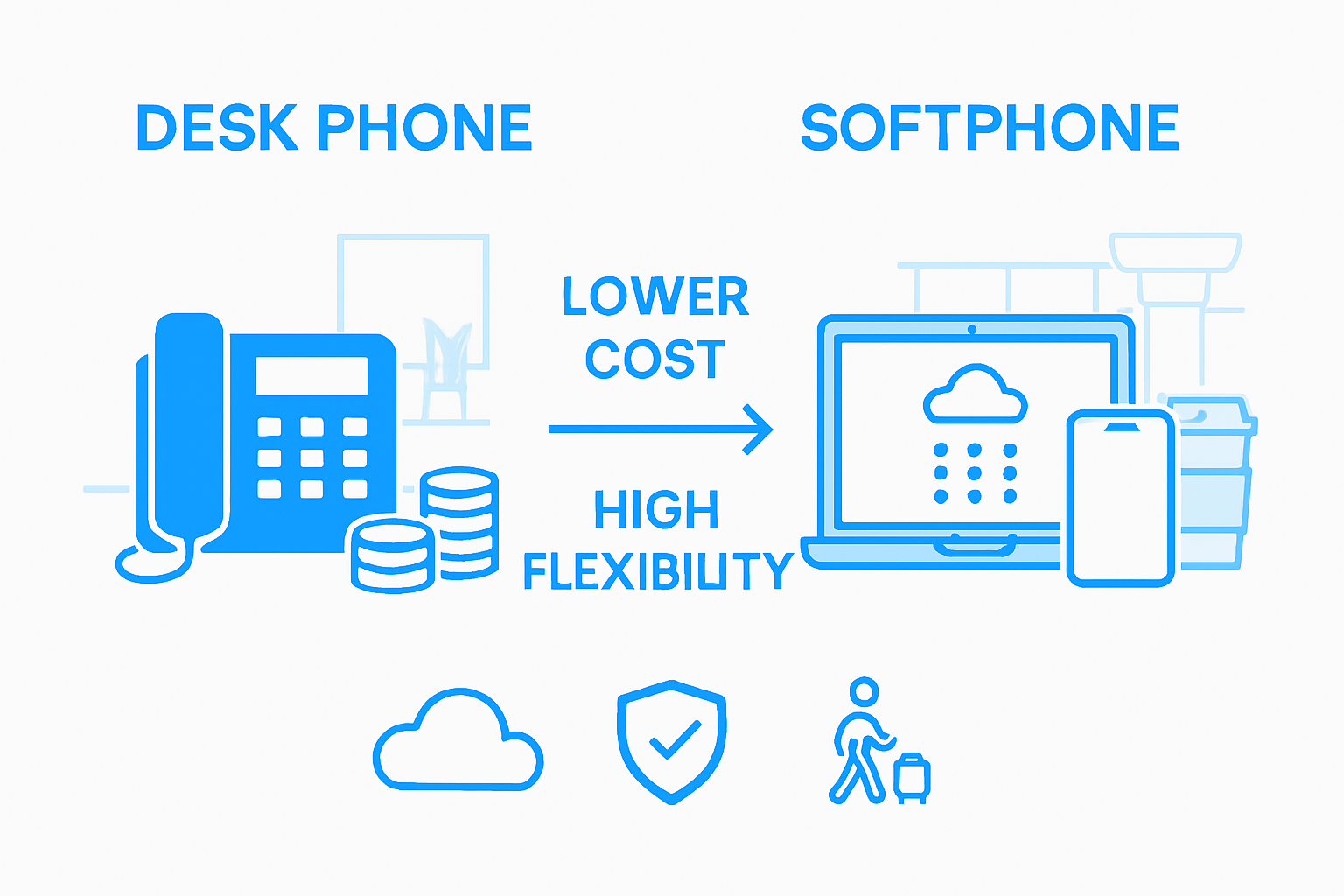 Infographic comparing softphones and desk phones