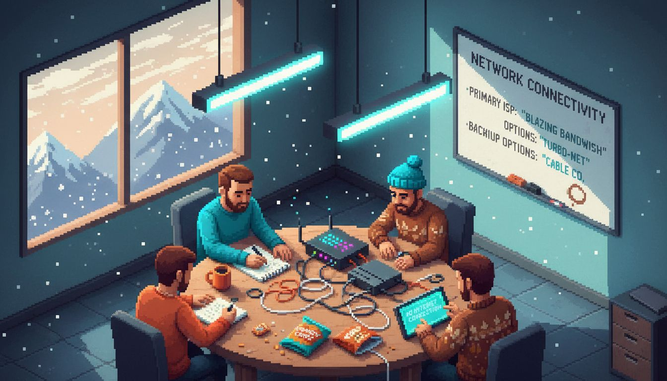 Team working with backup internet equipment