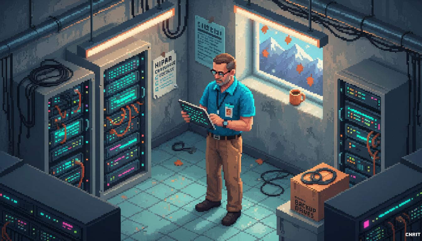 IT staff checks softphone security in hospital tech room