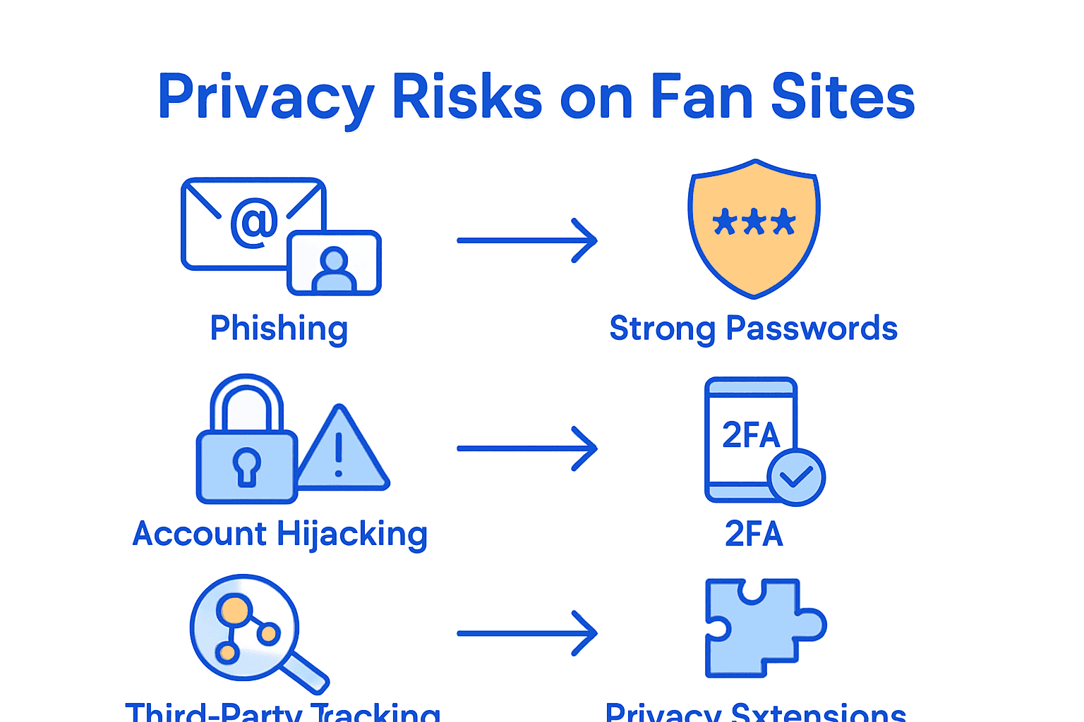 Infographic comparing common privacy risks and matching protection tips for fan site users.