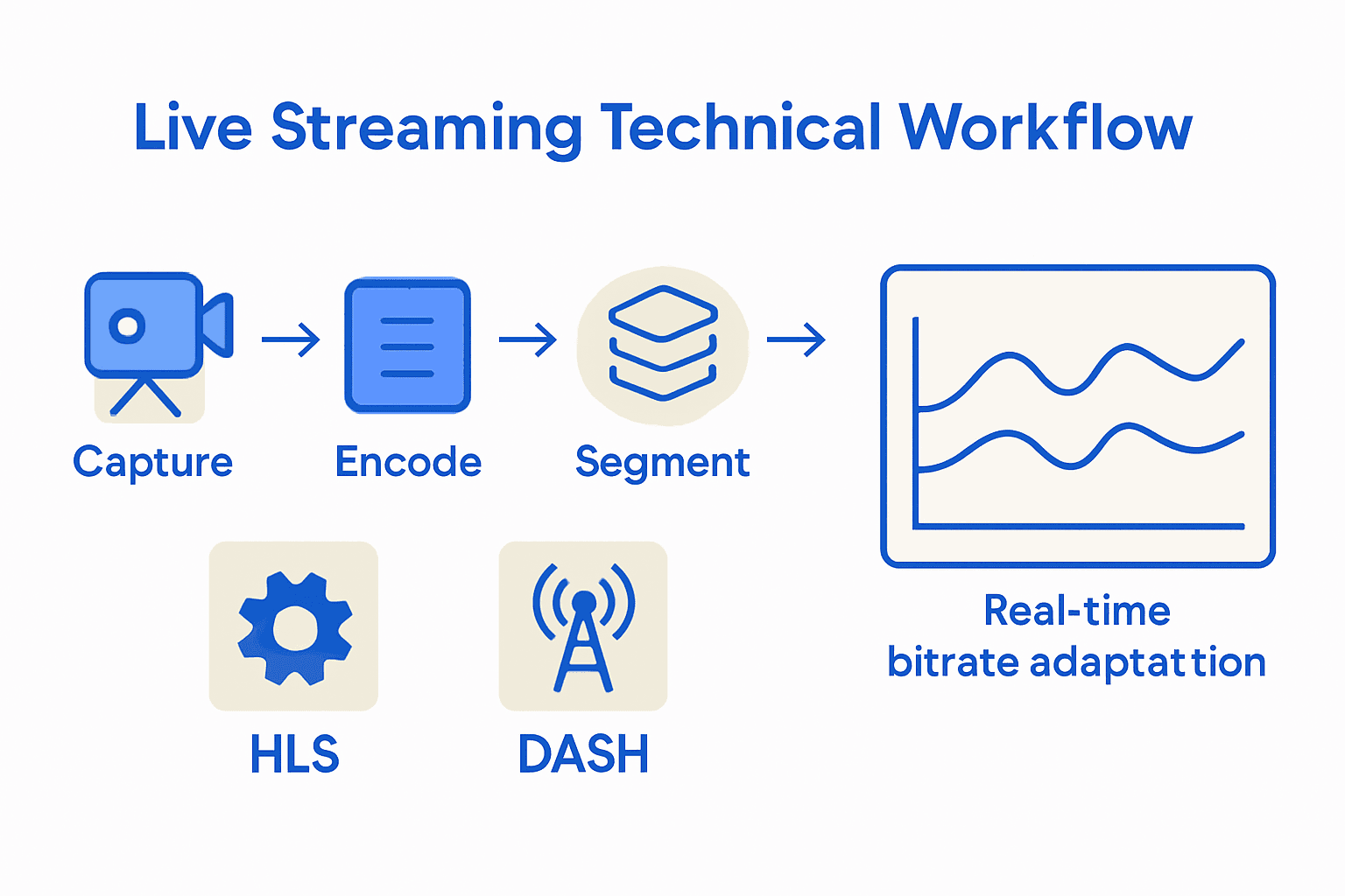 Infographic comparing DASH and HLS protocols with streaming workflow diagram.