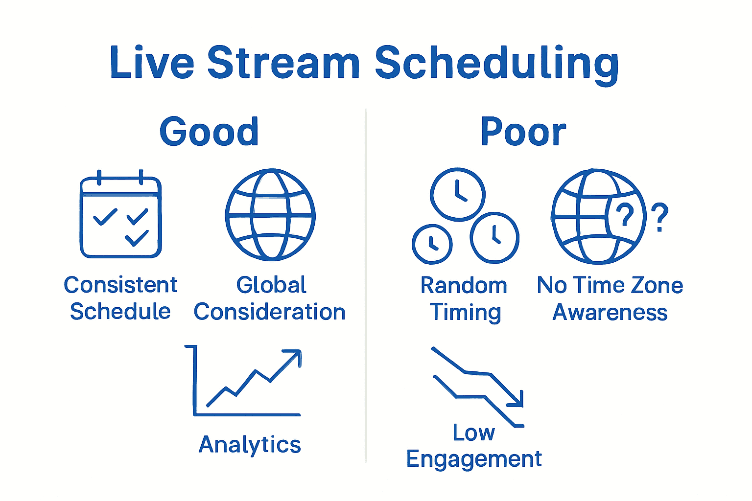 Infographic comparing effective and poor live stream scheduling strategies with icons and simple visuals.