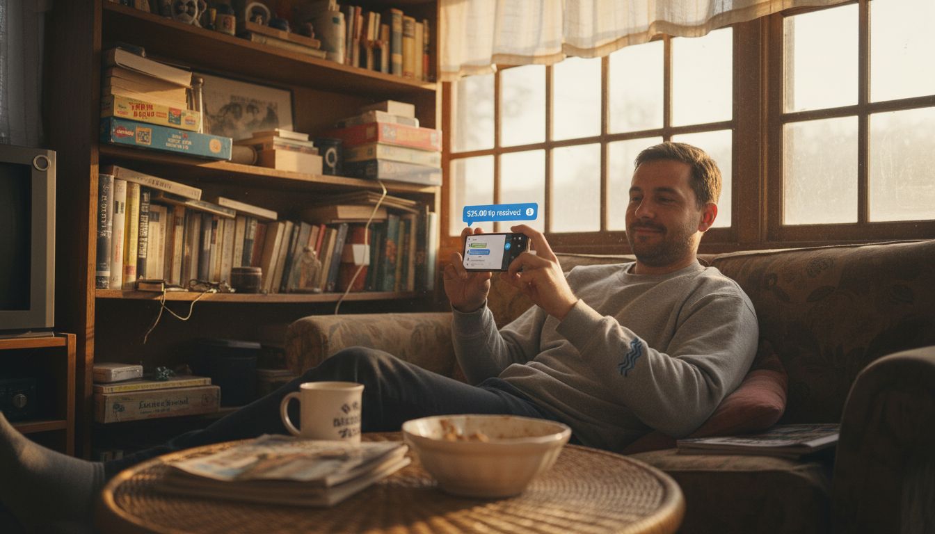 Man receiving tip in chat on phone