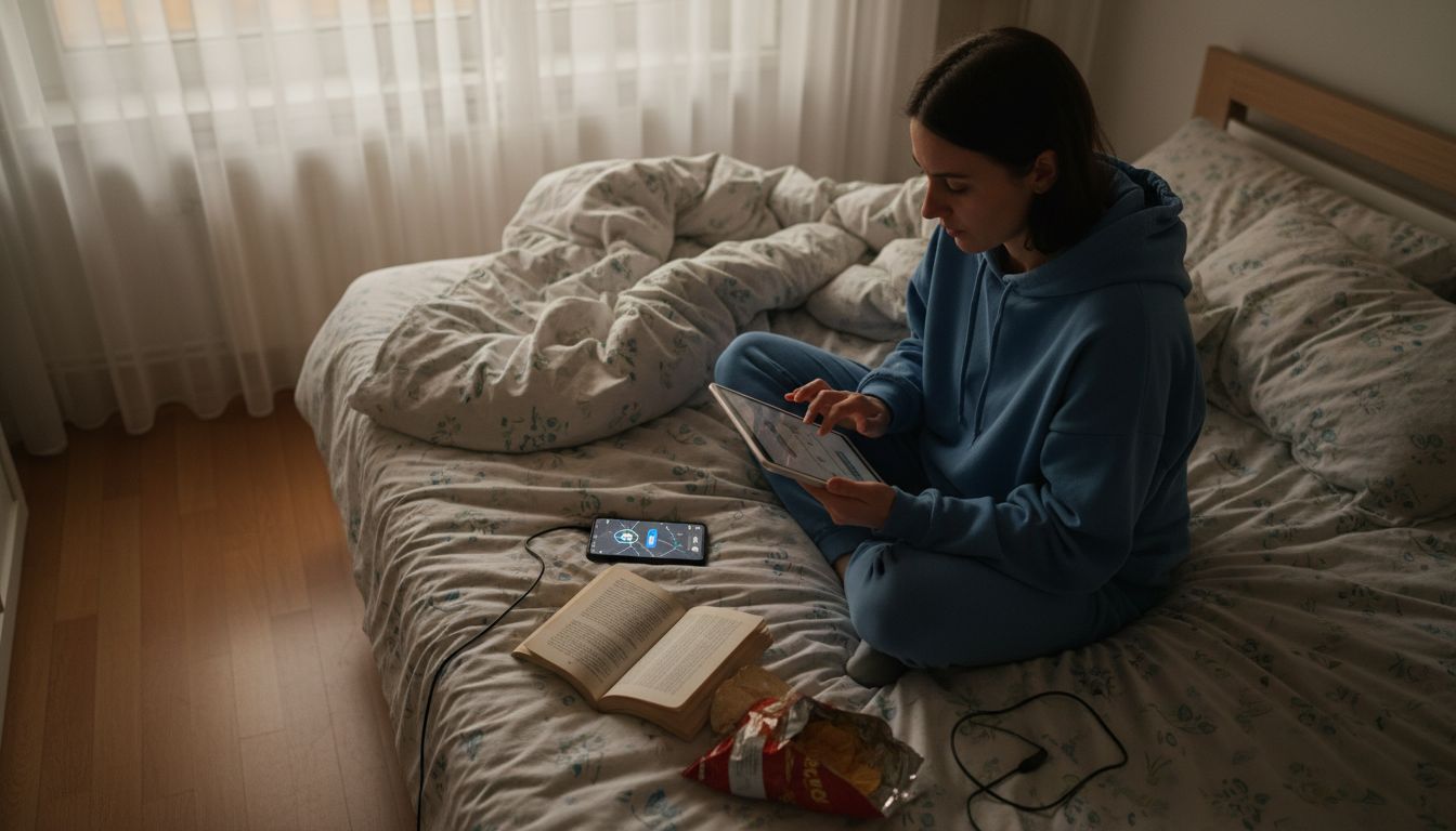 Woman using VPN on digital devices in bedroom