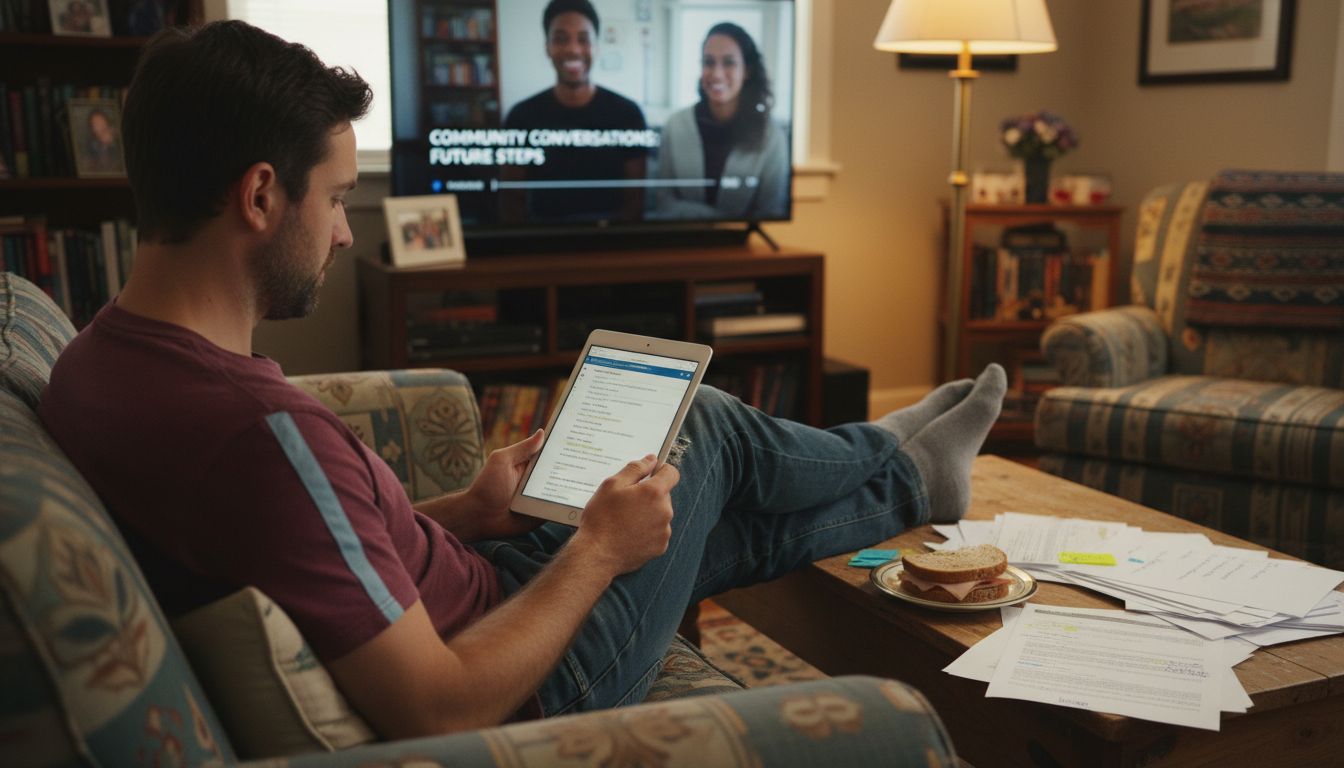 Man reading paid community comments at home