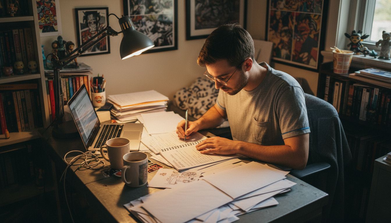 Man sorting fan messages at a cluttered desk