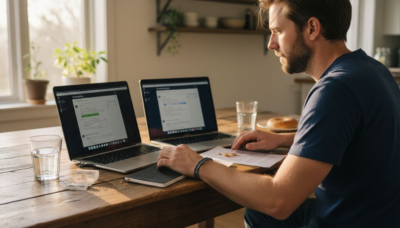 Man comparing messaging platforms on laptops