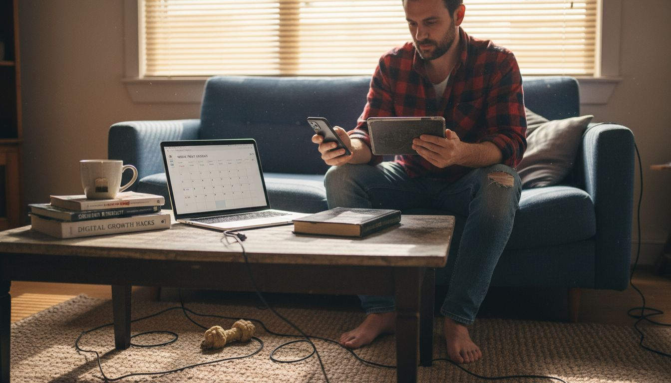 Man multitasking with social scheduling tools