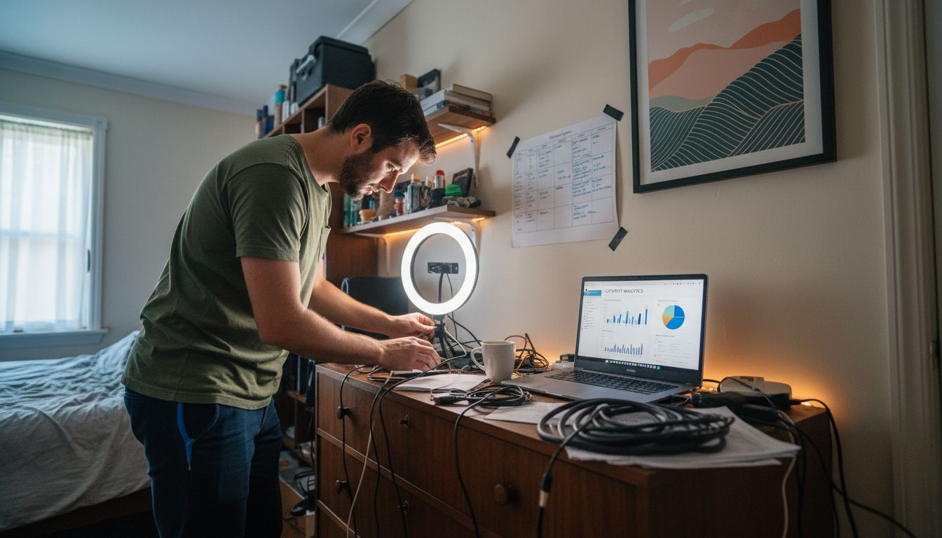 Man adjusting ring light in small studio
