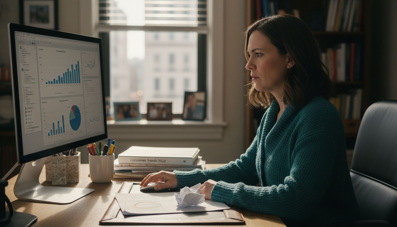 Woman reviewing demographic data at desk