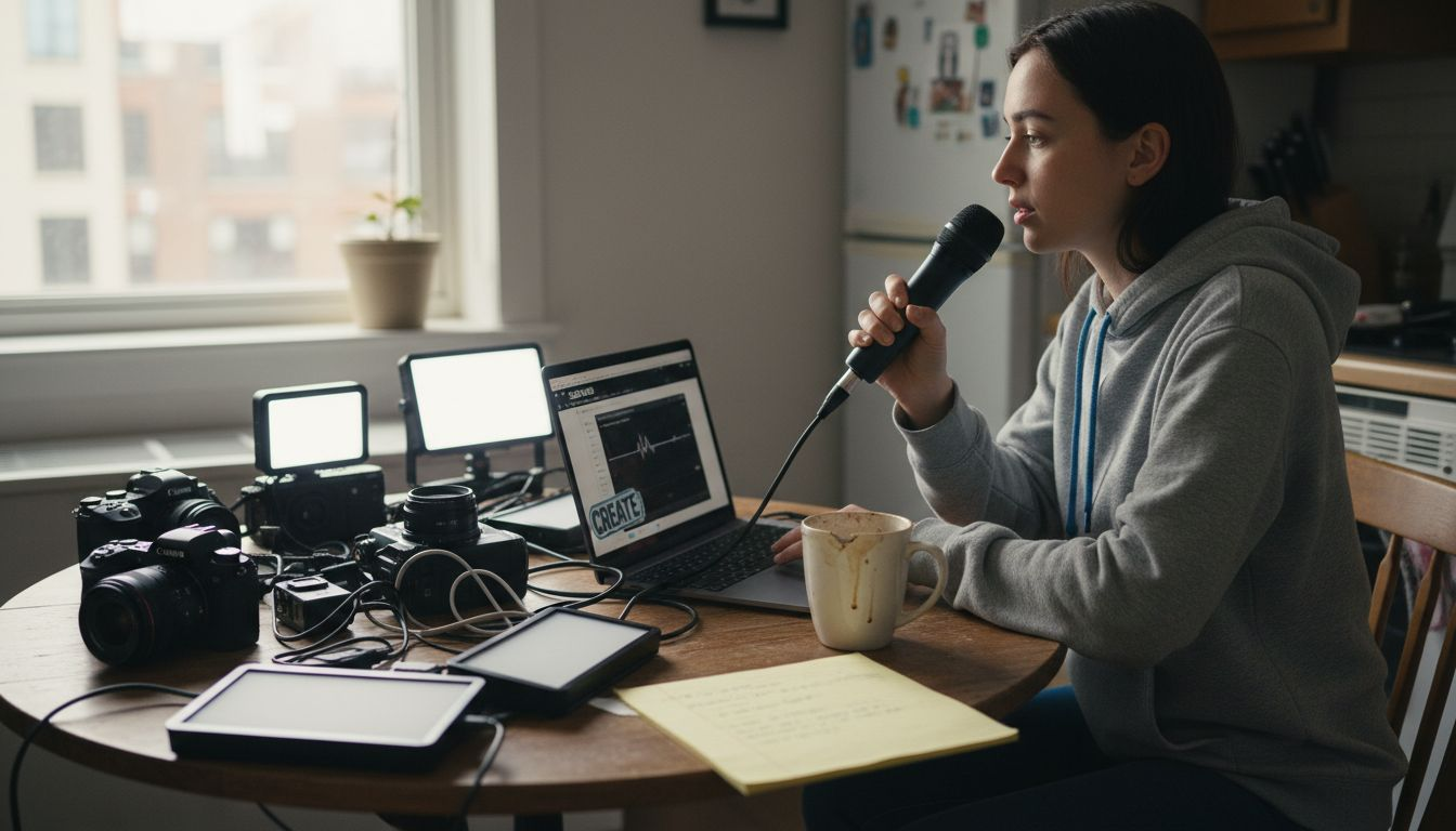 Person sorting essential streaming equipment gear