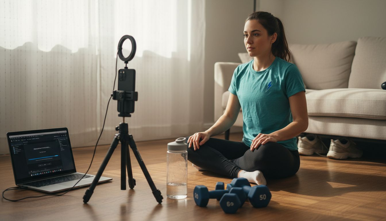 Fitness creator filming in living room