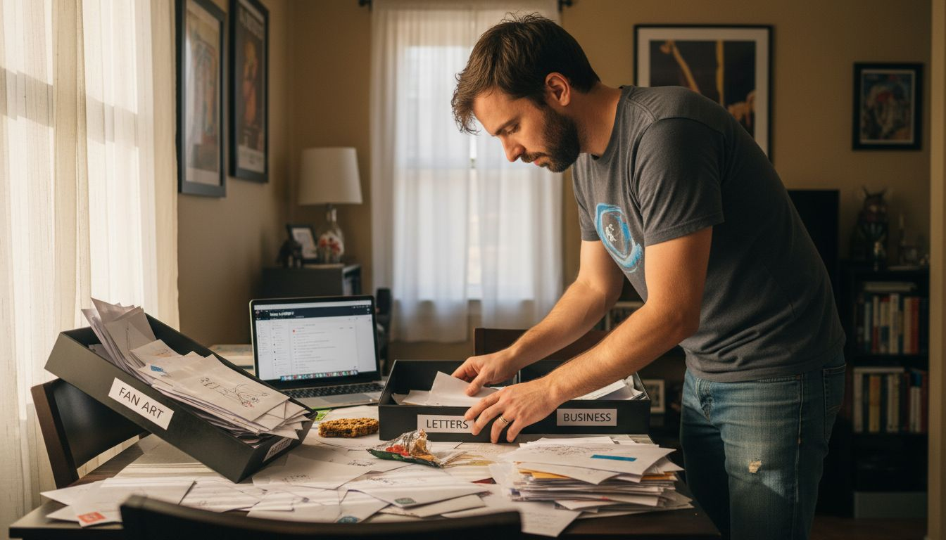 Man organizing fan messages in small apartment