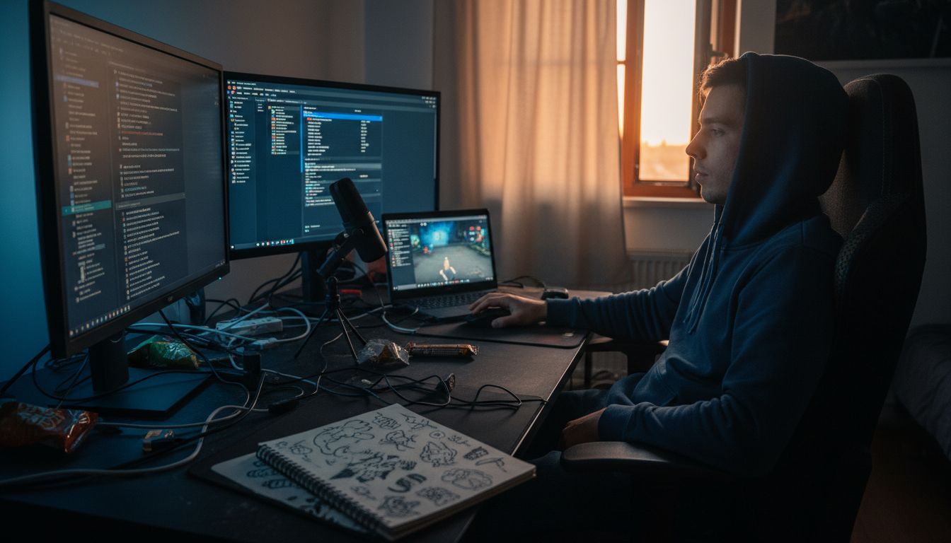 Streamer technical setup with monitors and cables