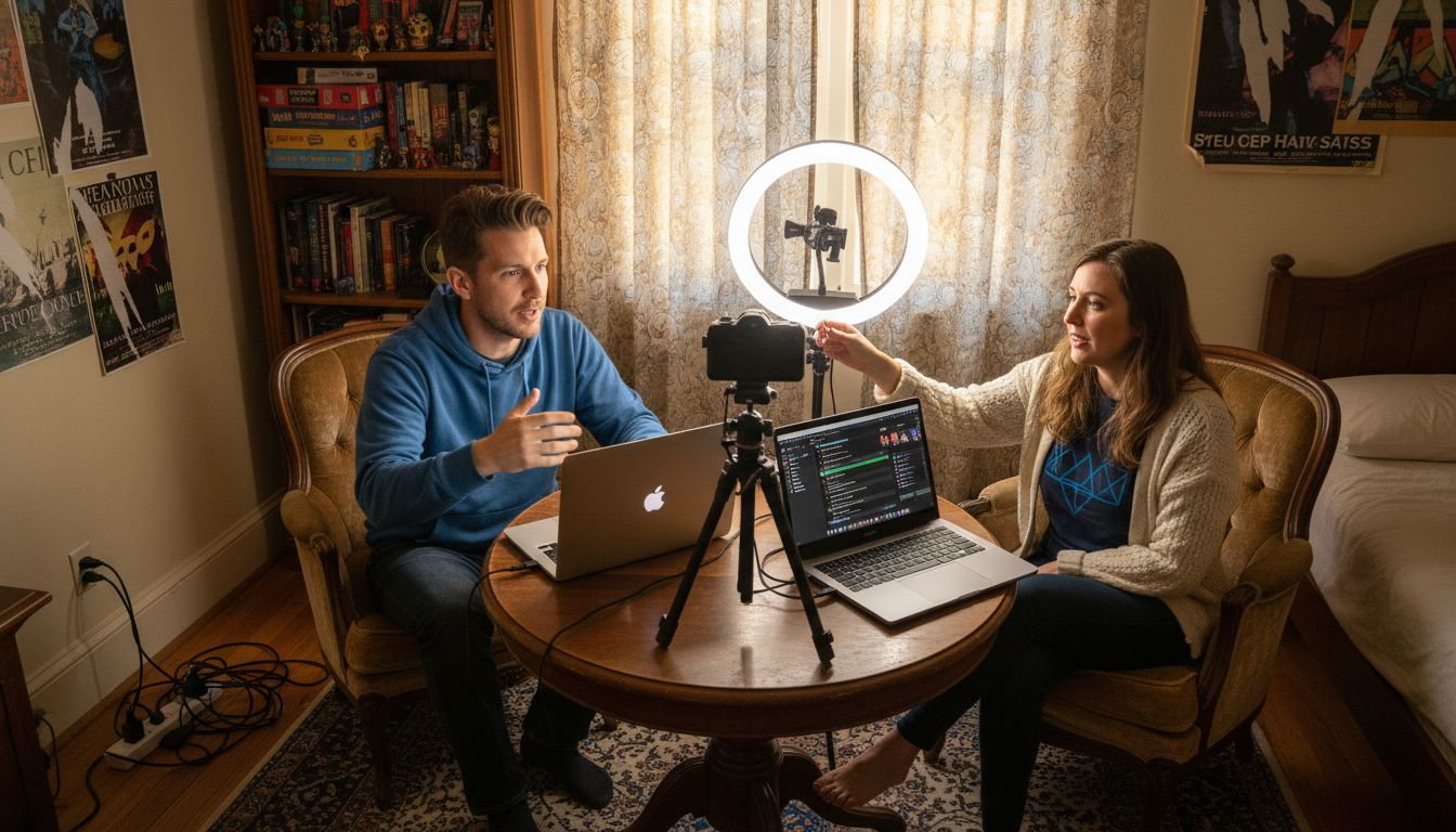 Creators co-hosting from intimate home studio