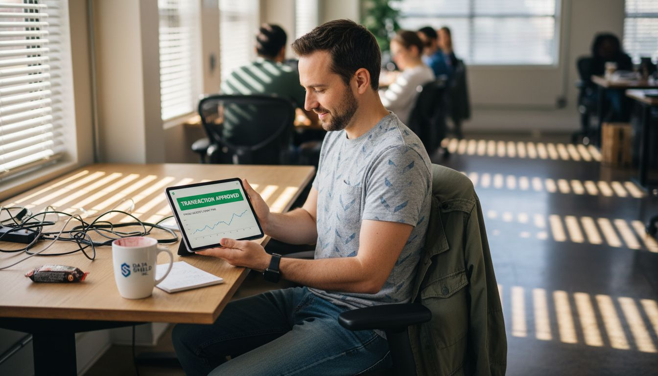 Man monitoring payment security alerts at desk